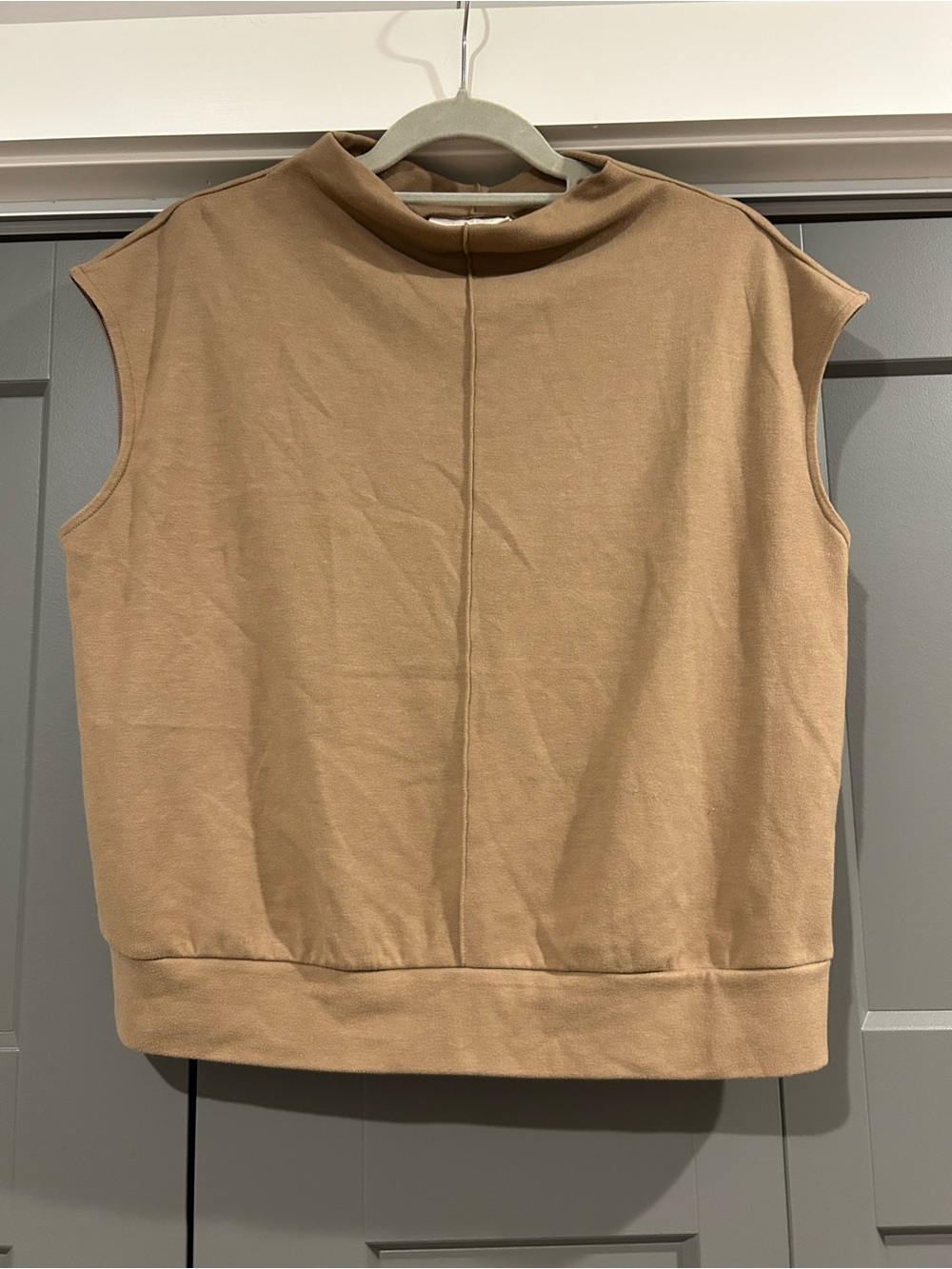 Sleeveless Mock Neck Sweatshirt Tank in Camel